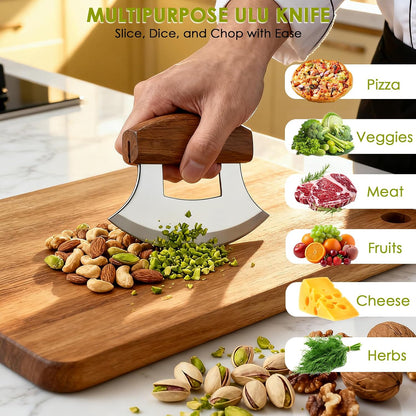 Ulu Knife, Sharp Rocker Mezzaluna Knife with Wooden Stand for Salad, Vegetables, Pizza Cutter Rocker, Mezzaluna Chopper, Super Sharp Blade, Small