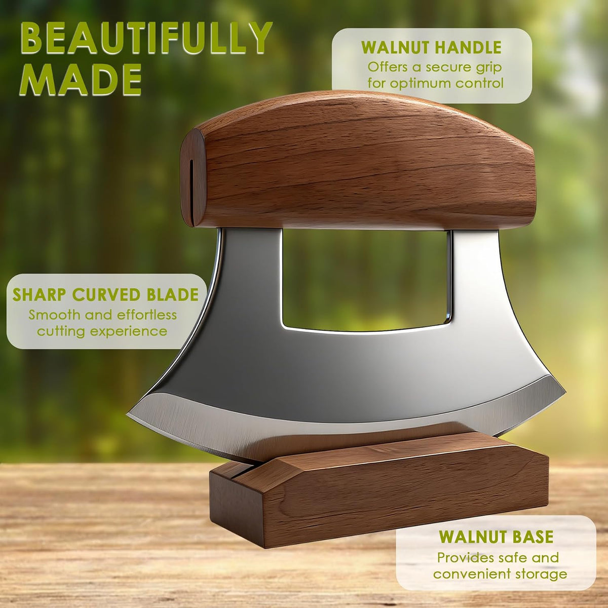 Ulu Knife, Sharp Rocker Mezzaluna Knife with Wooden Stand for Salad, Vegetables, Pizza Cutter Rocker, Mezzaluna Chopper, Super Sharp Blade, Small
