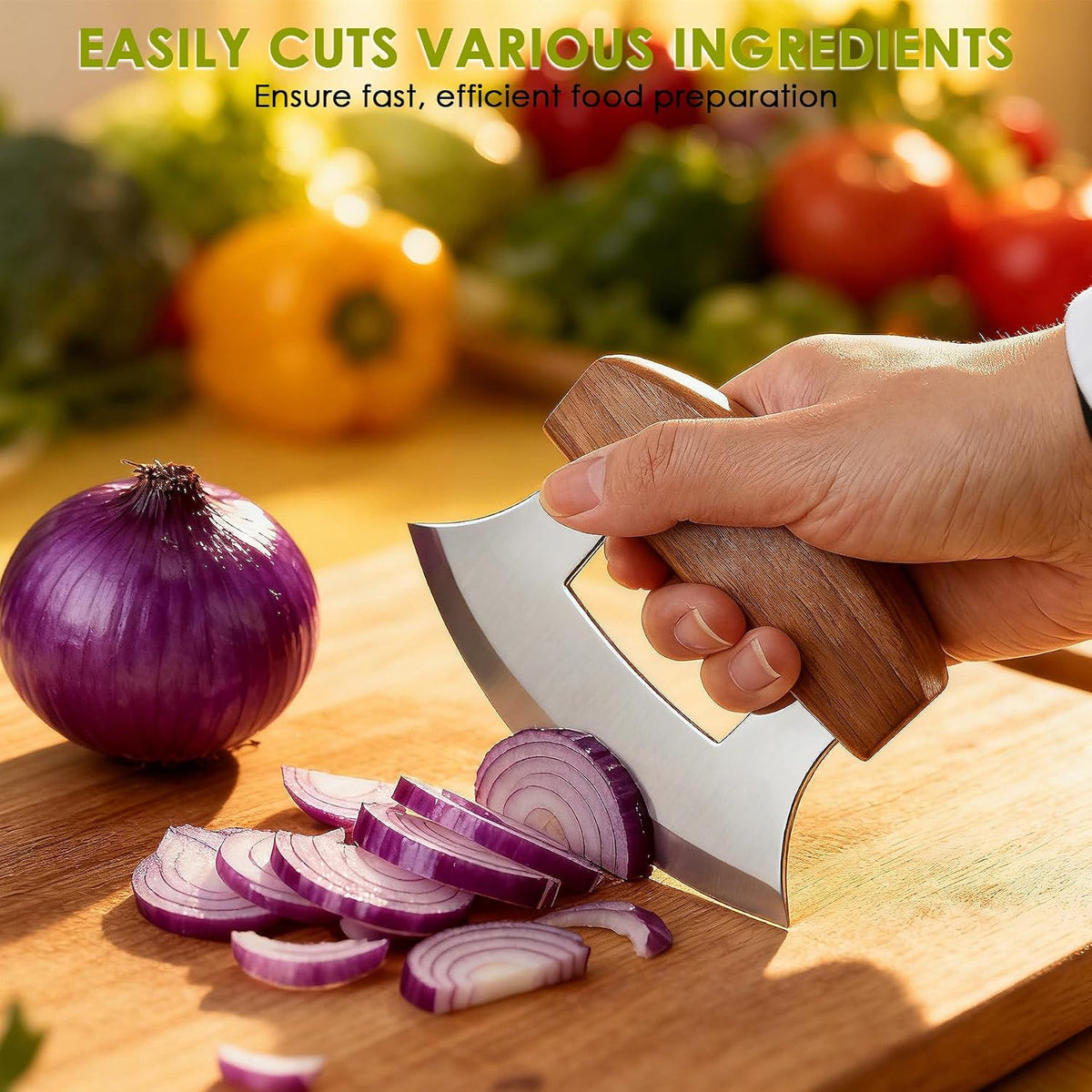 Ulu Knife, Sharp Rocker Mezzaluna Knife with Wooden Stand for Salad, Vegetables, Pizza Cutter Rocker, Mezzaluna Chopper, Super Sharp Blade, Small