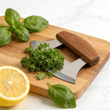 Ulu Knife, Sharp Rocker Mezzaluna Knife with Wooden Stand for Salad, Vegetables, Pizza Cutter Rocker, Mezzaluna Chopper, Super Sharp Blade, Small