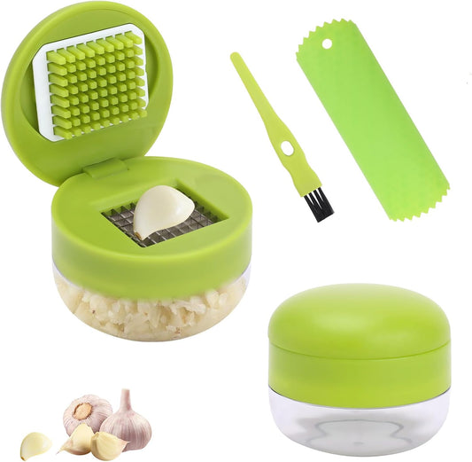 2Pcs Garlic Presses, Garlic Chopper for Garlic Ginger Fruit | Stainless Steel Crusher Mincer with Silicone Garlic Peeler & Cleaning Brush, Easy Squeeze Kitchen Gadget for Home Cooking