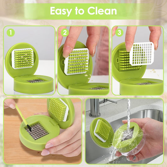 2Pcs Garlic Presses, Garlic Chopper for Garlic Ginger Fruit | Stainless Steel Crusher Mincer with Silicone Garlic Peeler & Cleaning Brush, Easy Squeeze Kitchen Gadget for Home Cooking