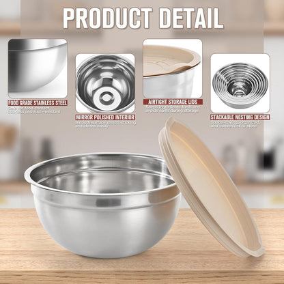 7QT 30PCS Mixing Bowls with Lids Set, 7QT to 1QT Stainless Steel Nesting Bowls with Graters, Non-Slip Silicone Bottom, Large Khaki Bowls & 21 Measuring Cups and Spoons Set Kitchen Appliances