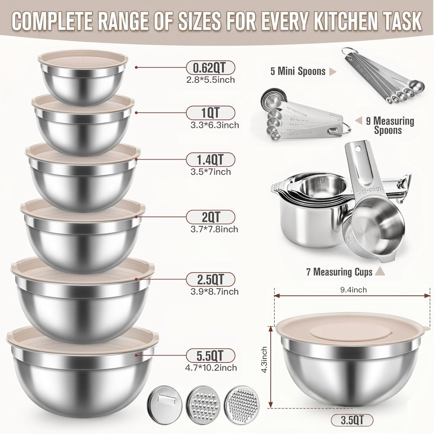 7QT 30PCS Mixing Bowls with Lids Set, 7QT to 1QT Stainless Steel Nesting Bowls with Graters, Non-Slip Silicone Bottom, Large Khaki Bowls & 21 Measuring Cups and Spoons Set Kitchen Appliances