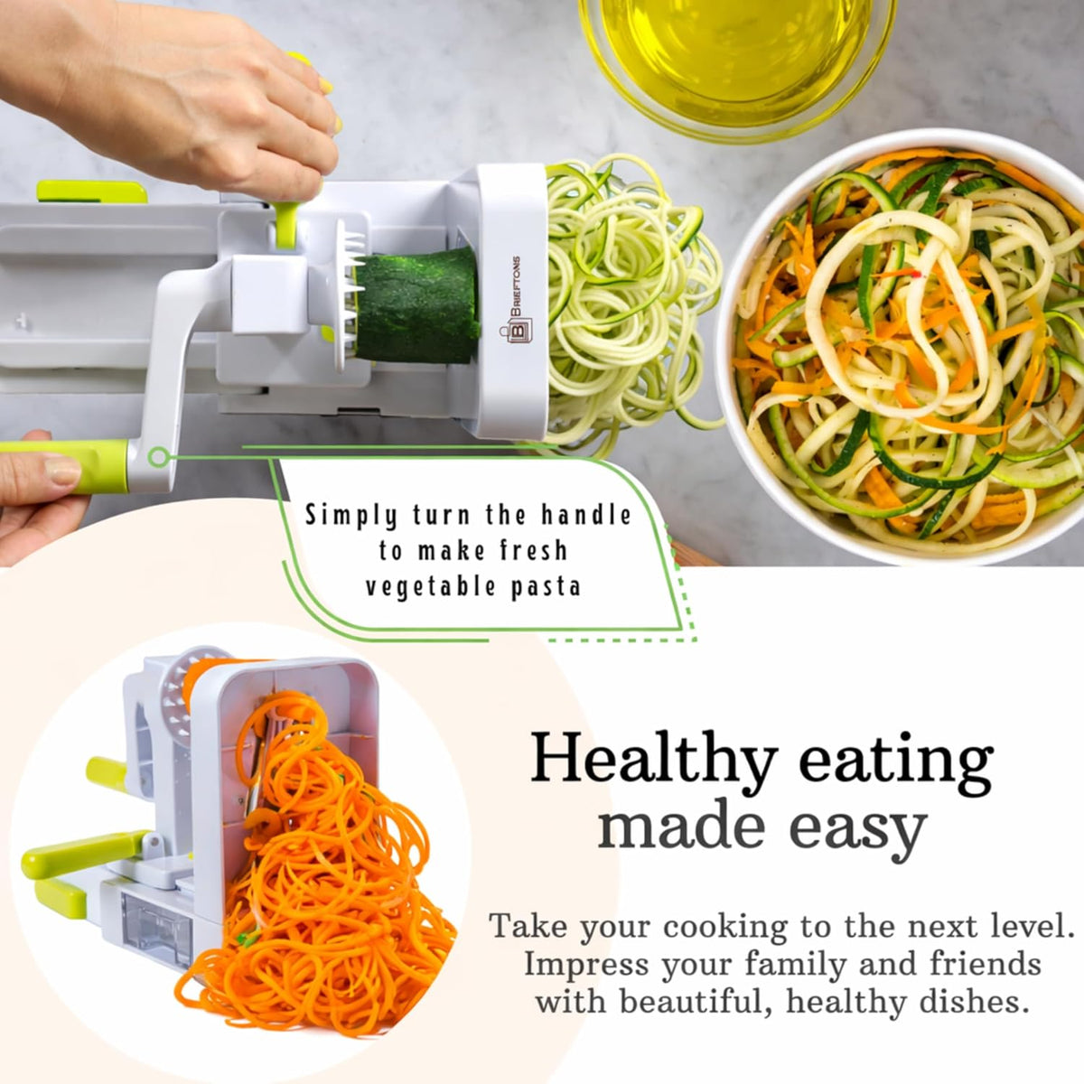 QuickFold 5-Blade Spiralizer: Compact Foldable Manual Vegetable Spiralizer & Zucchini Noodle Maker, 5 Japanese Stainless Steel Blades, Spaghetti Maker for Potatoes, Keto Paleo Gluten-Free