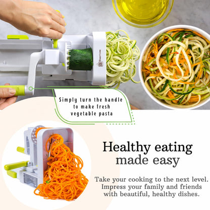 QuickFold 5-Blade Spiralizer: Compact Foldable Manual Vegetable Spiralizer & Zucchini Noodle Maker, 5 Japanese Stainless Steel Blades, Spaghetti Maker for Potatoes, Keto Paleo Gluten-Free