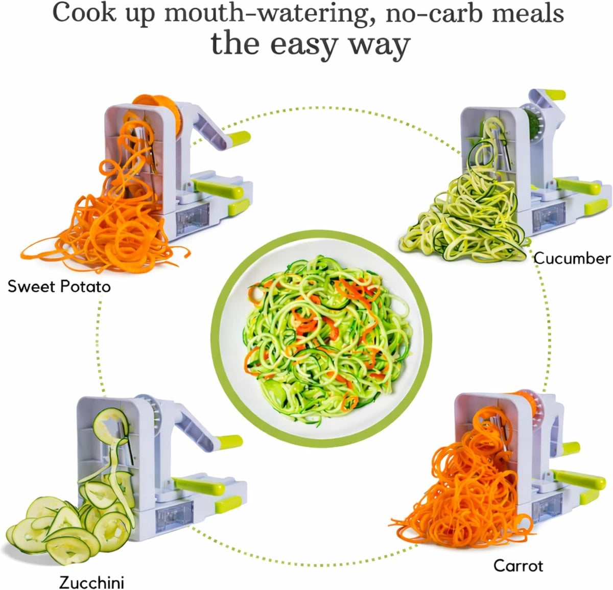 QuickFold 5-Blade Spiralizer: Compact Foldable Manual Vegetable Spiralizer & Zucchini Noodle Maker, 5 Japanese Stainless Steel Blades, Spaghetti Maker for Potatoes, Keto Paleo Gluten-Free