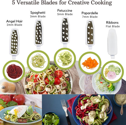 QuickFold 5-Blade Spiralizer: Compact Foldable Manual Vegetable Spiralizer & Zucchini Noodle Maker, 5 Japanese Stainless Steel Blades, Spaghetti Maker for Potatoes, Keto Paleo Gluten-Free
