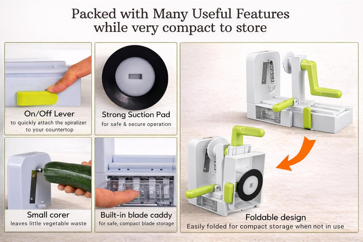 QuickFold 5-Blade Spiralizer: Compact Foldable Manual Vegetable Spiralizer & Zucchini Noodle Maker, 5 Japanese Stainless Steel Blades, Spaghetti Maker for Potatoes, Keto Paleo Gluten-Free