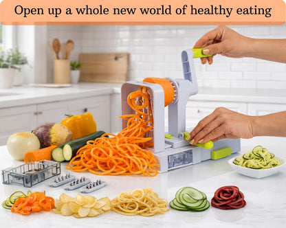 QuickFold 5-Blade Spiralizer: Compact Foldable Manual Vegetable Spiralizer & Zucchini Noodle Maker, 5 Japanese Stainless Steel Blades, Spaghetti Maker for Potatoes, Keto Paleo Gluten-Free