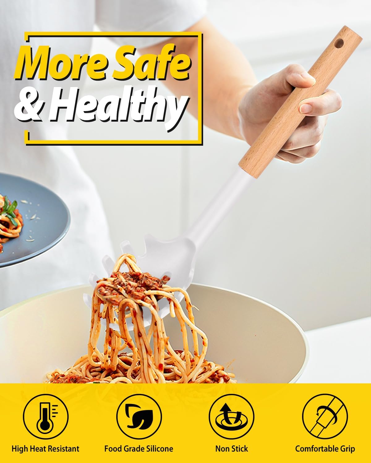 Silicone Pasta Fork and Ladle Spoon Set with Wooden Handle, Heat Resistant Non Stick Kitchen Utensils for Cooking, Stirring, Serving Spaghetti, Soup, Sauce(KHAKI)