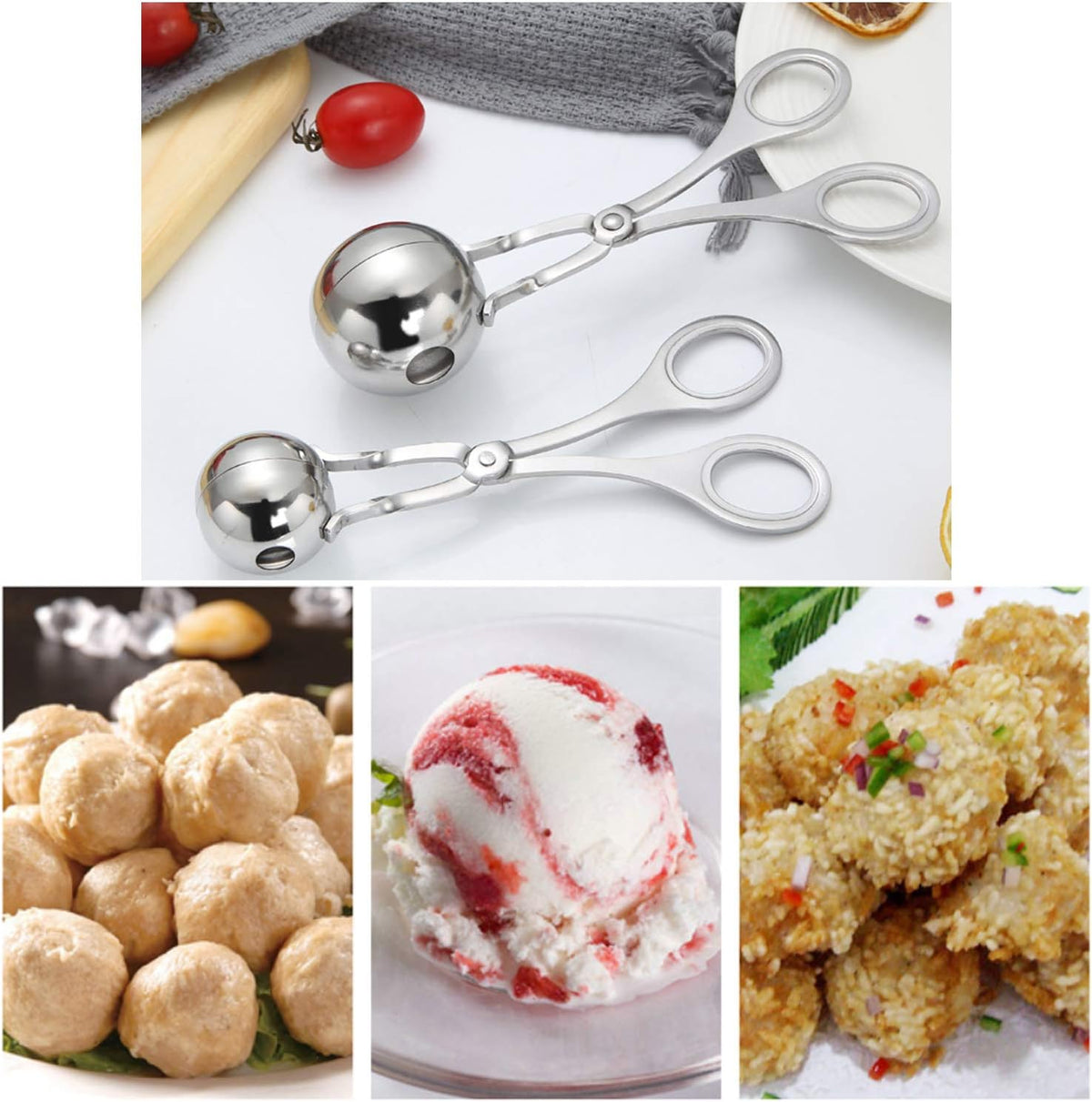 2 PCS Stainless Steel Meat Baller Tongs, Meatball Scoop Maker for Meatball, Cake, Ice Cream, Melon Fruits, Kitchen Tool, Ball Size 1.38" & 1.78"