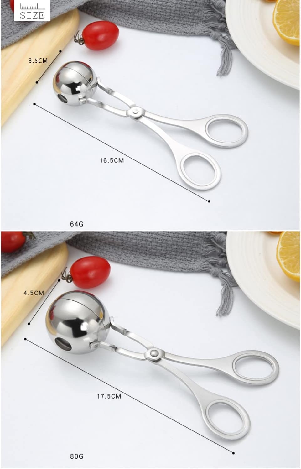 2 PCS Stainless Steel Meat Baller Tongs, Meatball Scoop Maker for Meatball, Cake, Ice Cream, Melon Fruits, Kitchen Tool, Ball Size 1.38" & 1.78"