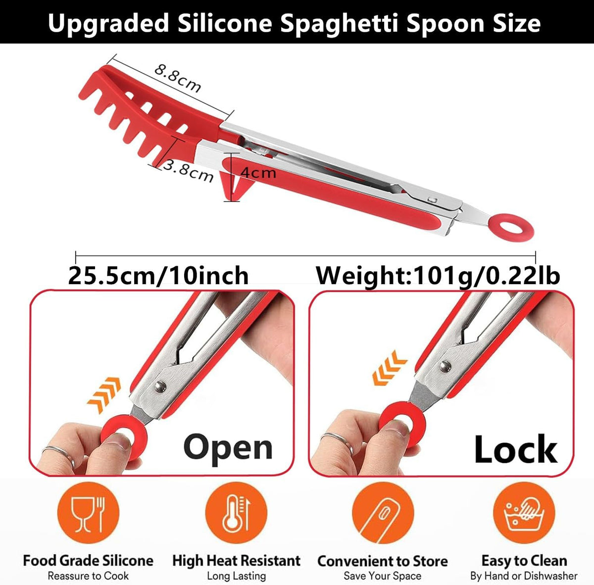 Upgraded Silicone Spaghetti Spoon & Pasta Tong,Non-stick Sturdy Pasta Fork with Teeth,Stainless Steel Handle Spaghetti Tong, Food Clip for Spaghetti Noodles,Server Spoon for Cooking and Serving(Black)