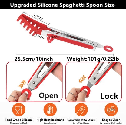Upgraded Silicone Spaghetti Spoon & Pasta Tong,Non-stick Sturdy Pasta Fork with Teeth,Stainless Steel Handle Spaghetti Tong, Food Clip for Spaghetti Noodles,Server Spoon for Cooking and Serving(Black)