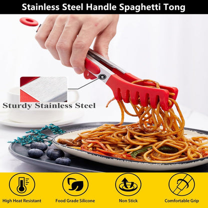 Upgraded Silicone Spaghetti Spoon & Pasta Tong,Non-stick Sturdy Pasta Fork with Teeth,Stainless Steel Handle Spaghetti Tong, Food Clip for Spaghetti Noodles,Server Spoon for Cooking and Serving(Black)