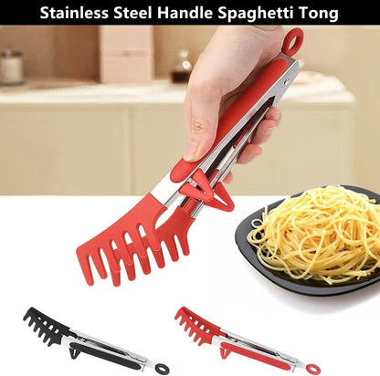 Upgraded Silicone Spaghetti Spoon & Pasta Tong,Non-stick Sturdy Pasta Fork with Teeth,Stainless Steel Handle Spaghetti Tong, Food Clip for Spaghetti Noodles,Server Spoon for Cooking and Serving(Black)