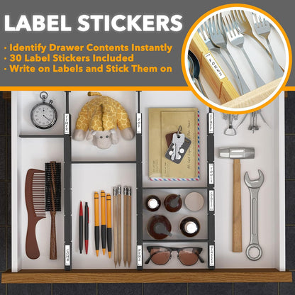 Bamboo Drawer Dividers with Inserts and Labels, Kitchen Adjustable Drawer Organizers, Expandable Organization for Home, Office, Dressers, 4 Dividers with 9 Inserts (17"-22" Natural)