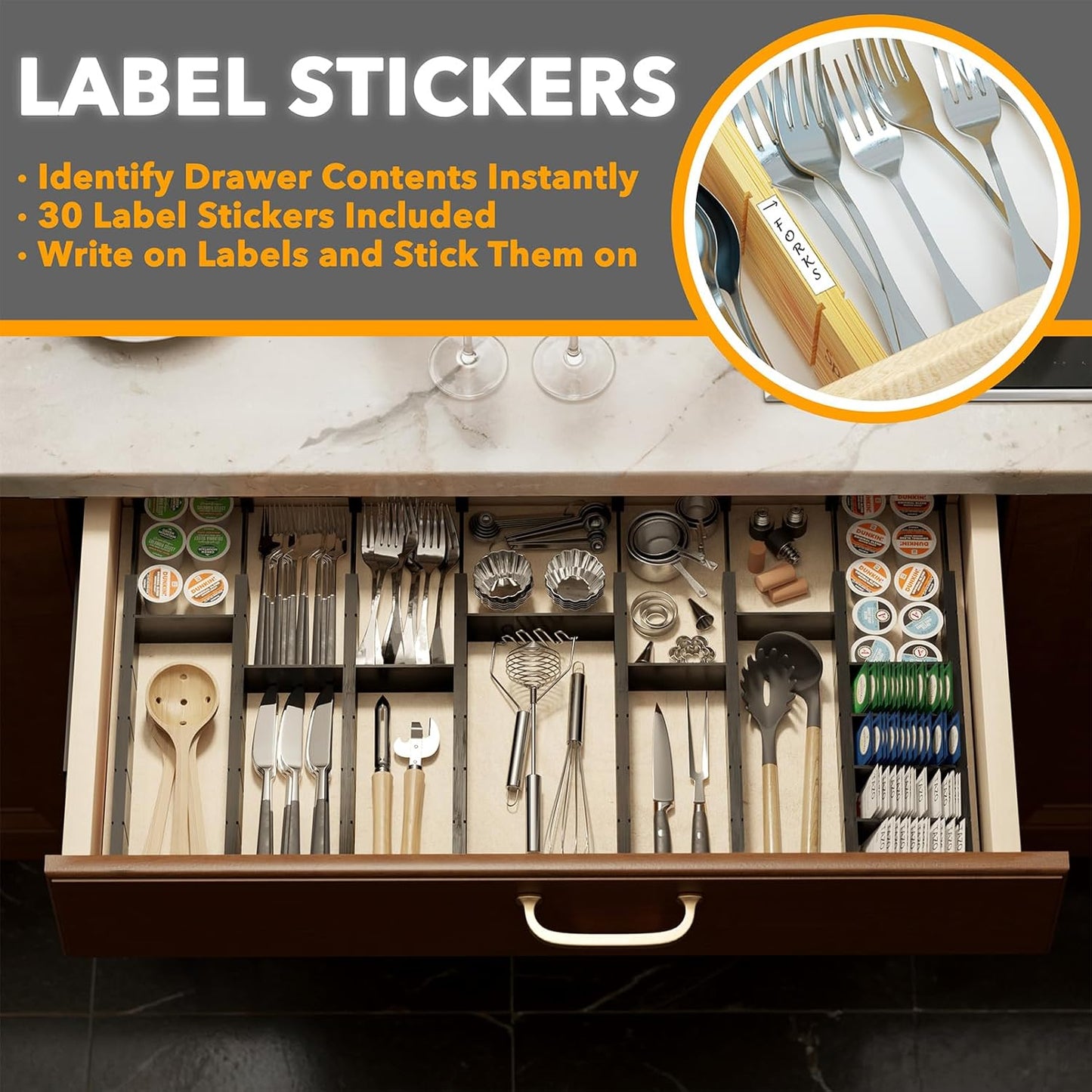 Bamboo Drawer Dividers with Inserts and Labels, Kitchen Adjustable Drawer Organizers, Expandable Organization for Home, Office, Dressers, 4 Dividers with 9 Inserts (17"-22" Natural)