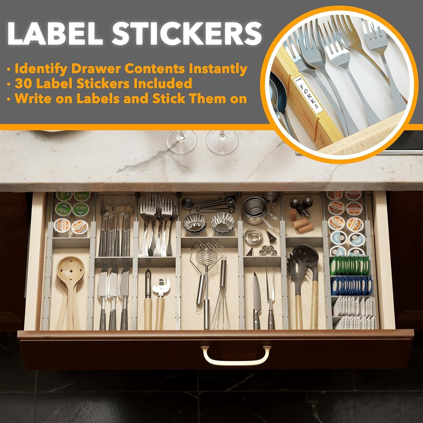 Bamboo Drawer Dividers with Inserts and Labels, Kitchen Adjustable Drawer Organizers, Expandable Organization for Home, Office, Dressers, 4 Dividers with 9 Inserts (17"-22" Natural)