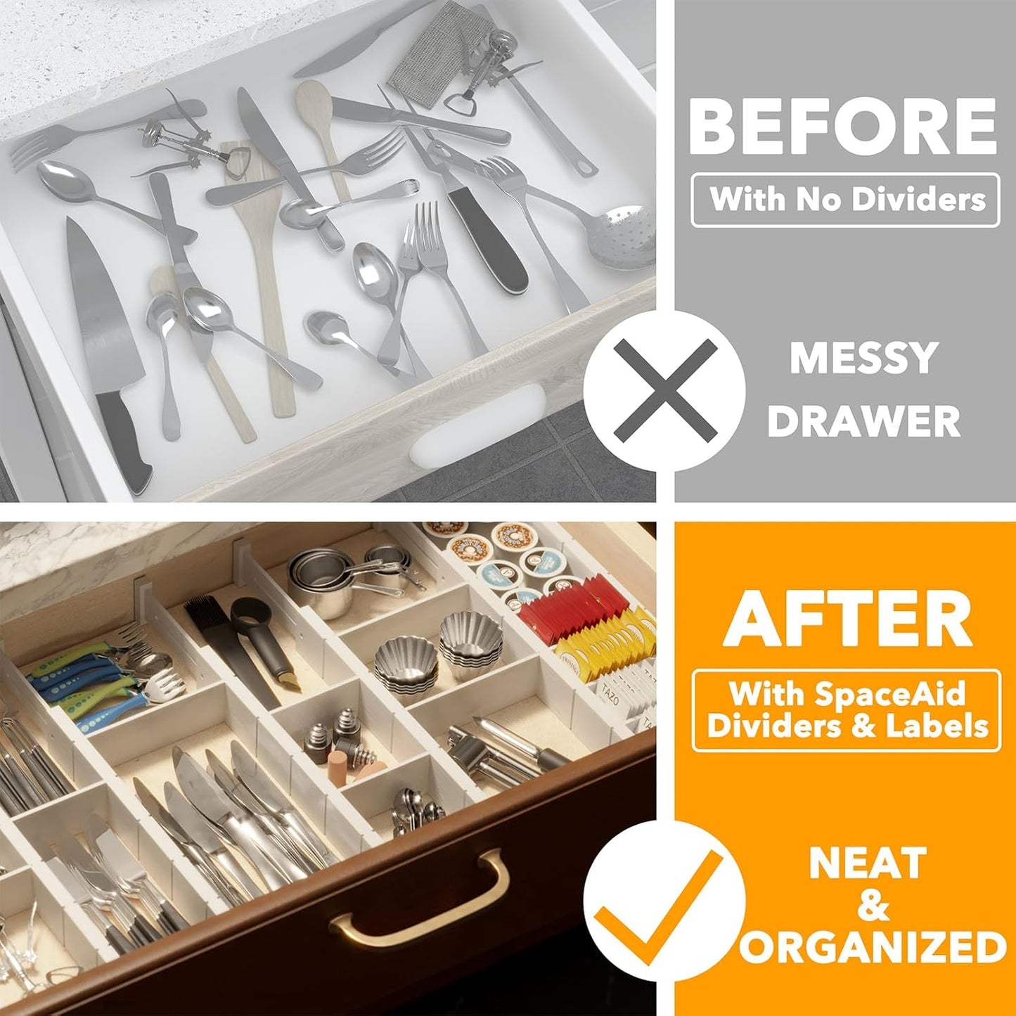 Bamboo Drawer Dividers with Inserts and Labels, Kitchen Adjustable Drawer Organizers, Expandable Organization for Home, Office, Dressers, 4 Dividers with 9 Inserts (17"-22" Natural)
