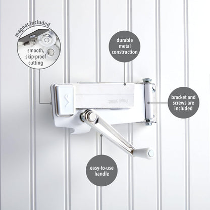 Wall Mount Can Opener with Magnet Lid Lift, White