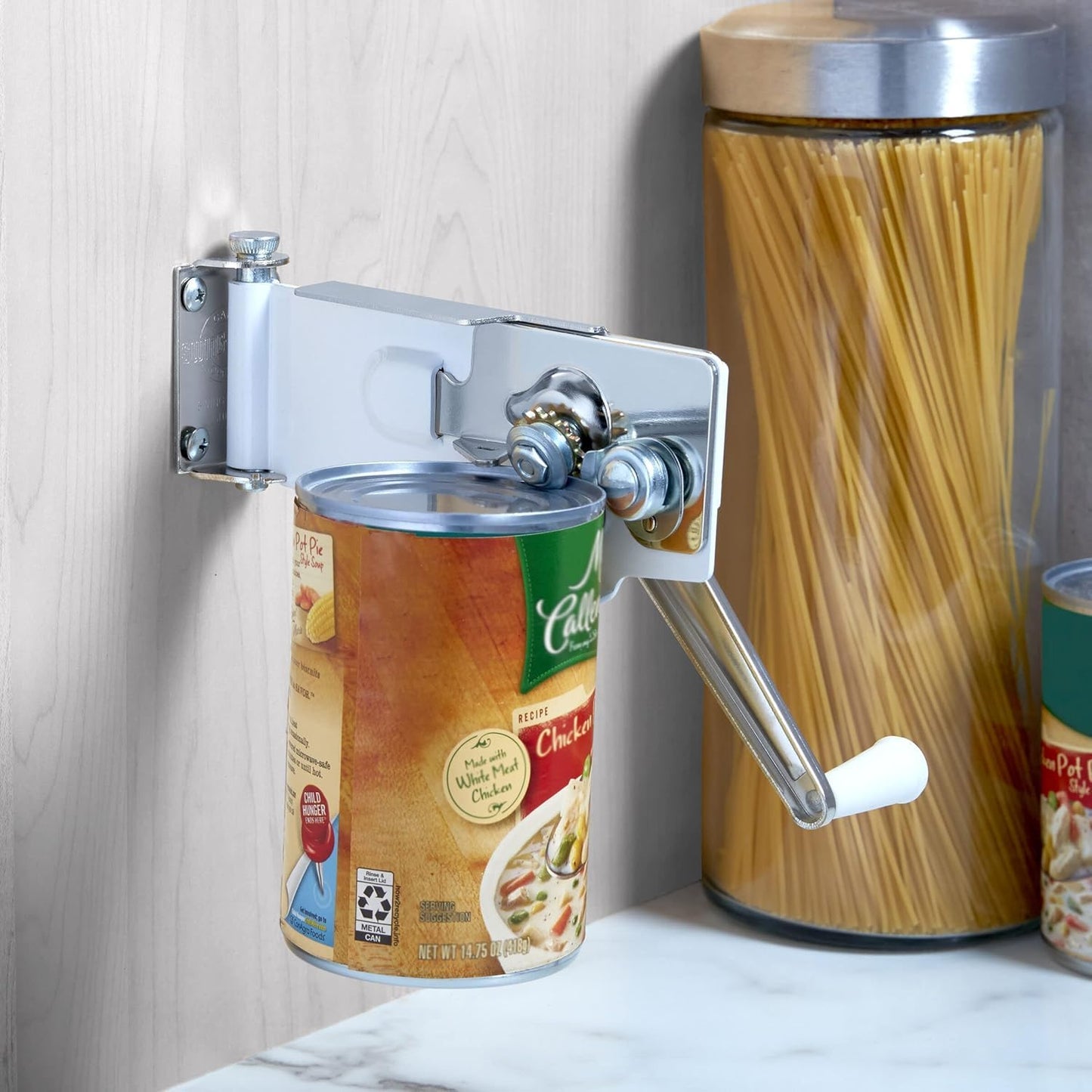 Wall Mount Can Opener with Magnet Lid Lift, White