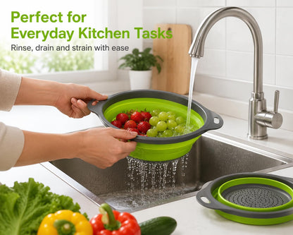 Collapsible Colander Set of 2, Folding Kitchen Strainers, Large & Small Silicone Drain Baskets for Pasta, Fruits and Vegetables