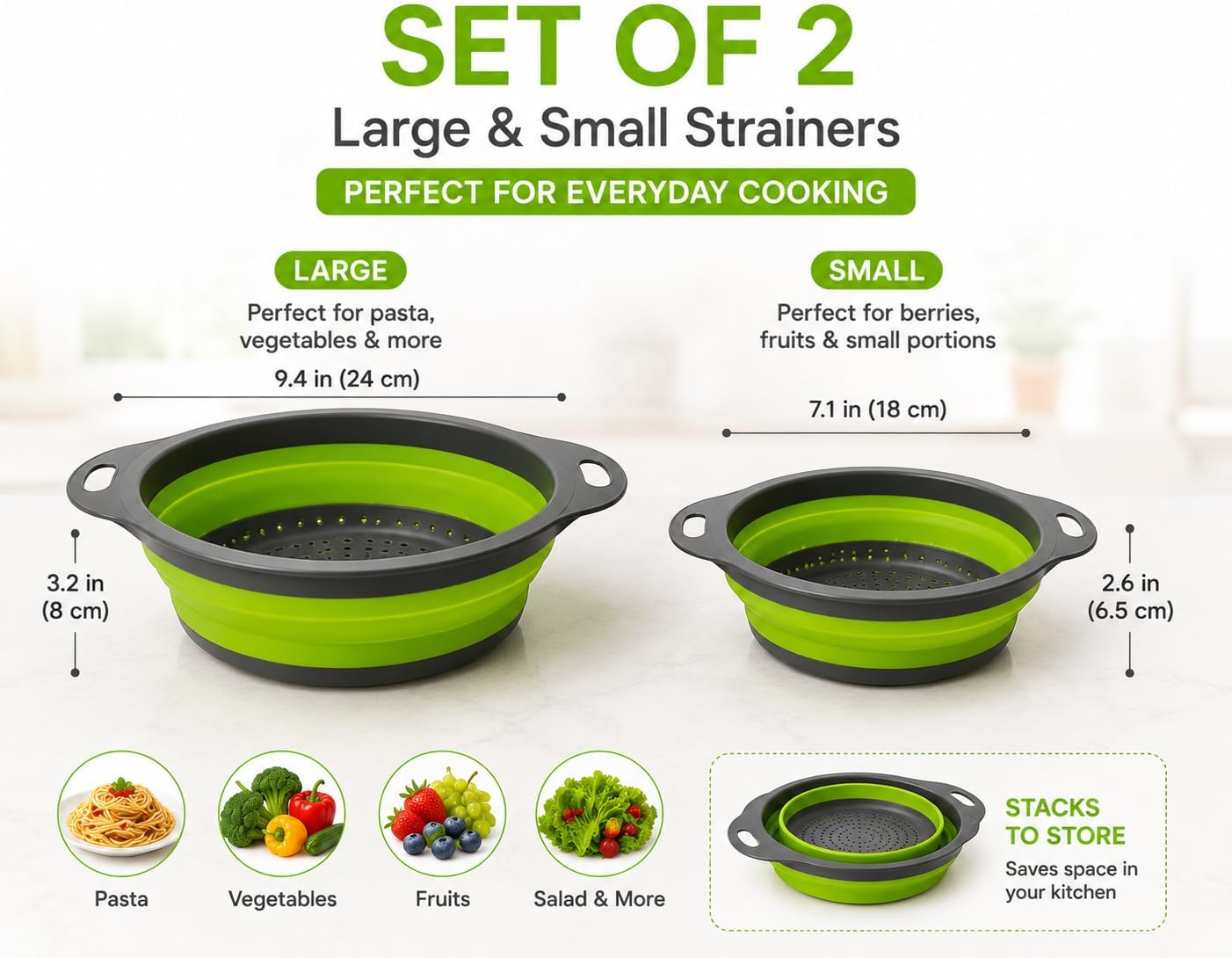 Collapsible Colander Set of 2, Folding Kitchen Strainers, Large & Small Silicone Drain Baskets for Pasta, Fruits and Vegetables