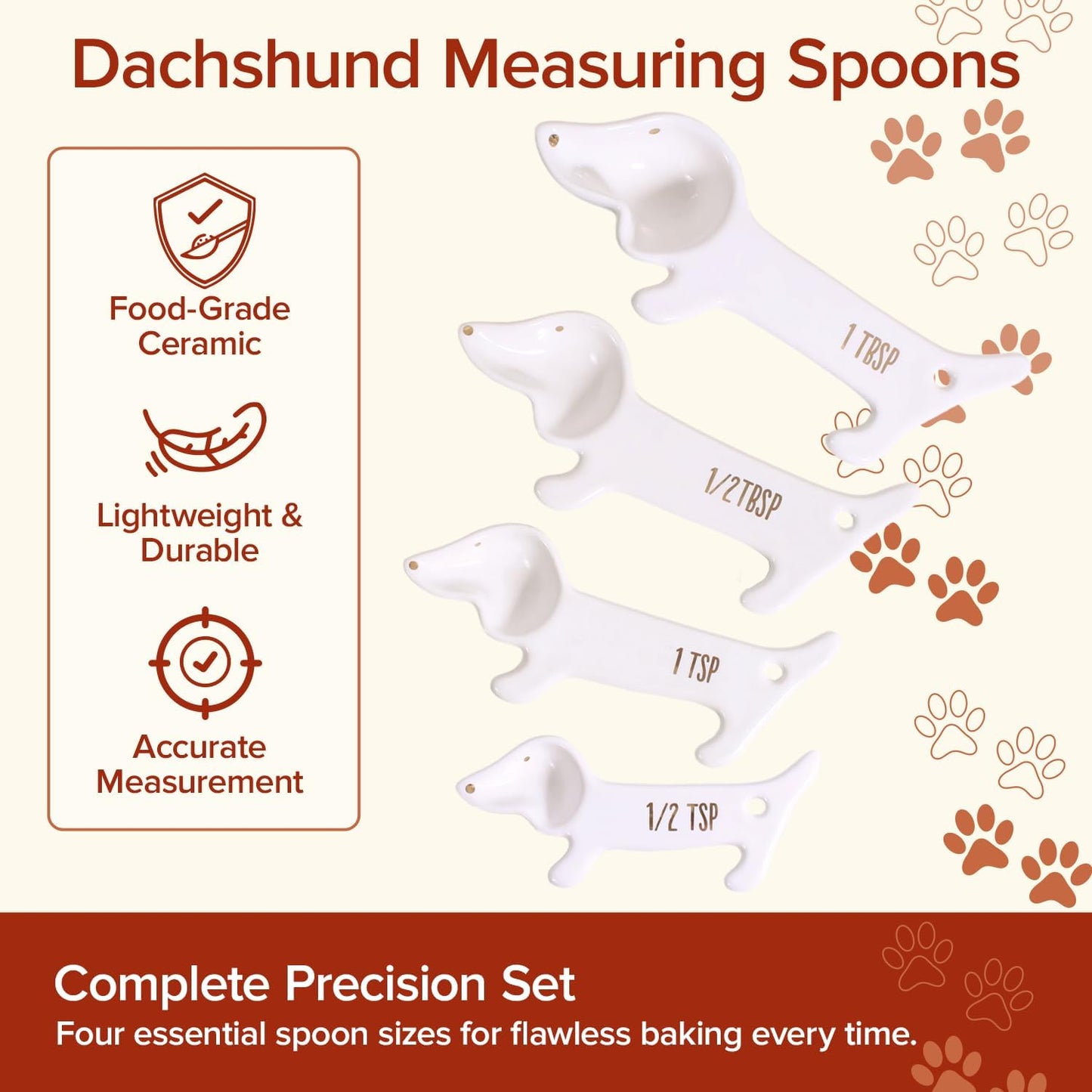 Dachshund Gifts Measuring Spoons Set of 4, Cute Kitchen Accessories Decor | Ceramic Weiner Dog Gifts for Women, Unique Teaspoon Measuring Spoons, Fun Dachshund Decor Weenie Baking Gifts for Dog Lovers