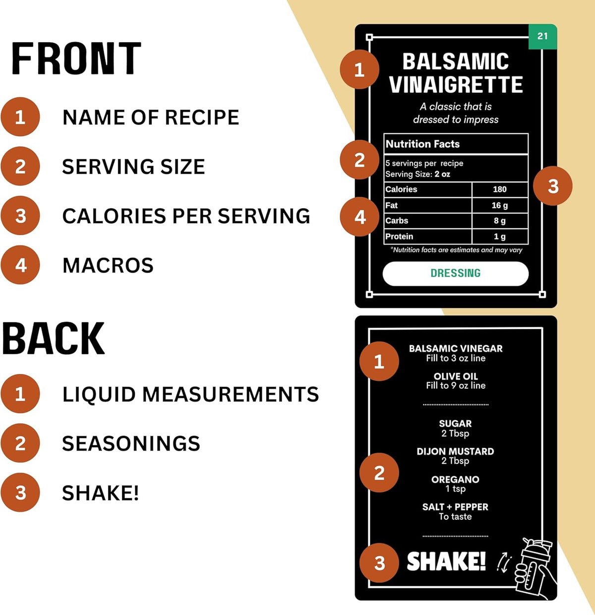 Salad Dressing Shaker Bottle with Recipe Cards | Just Measure to the Line and SHAKE! | Over 40 Chef-Inspired Recipes | Dressings, Sauces, Marinades, Dry Rubs | Nutrition Facts | BPA-Free Bottle
