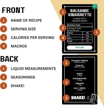 Salad Dressing Shaker Bottle with Recipe Cards | Just Measure to the Line and SHAKE! | Over 40 Chef-Inspired Recipes | Dressings, Sauces, Marinades, Dry Rubs | Nutrition Facts | BPA-Free Bottle