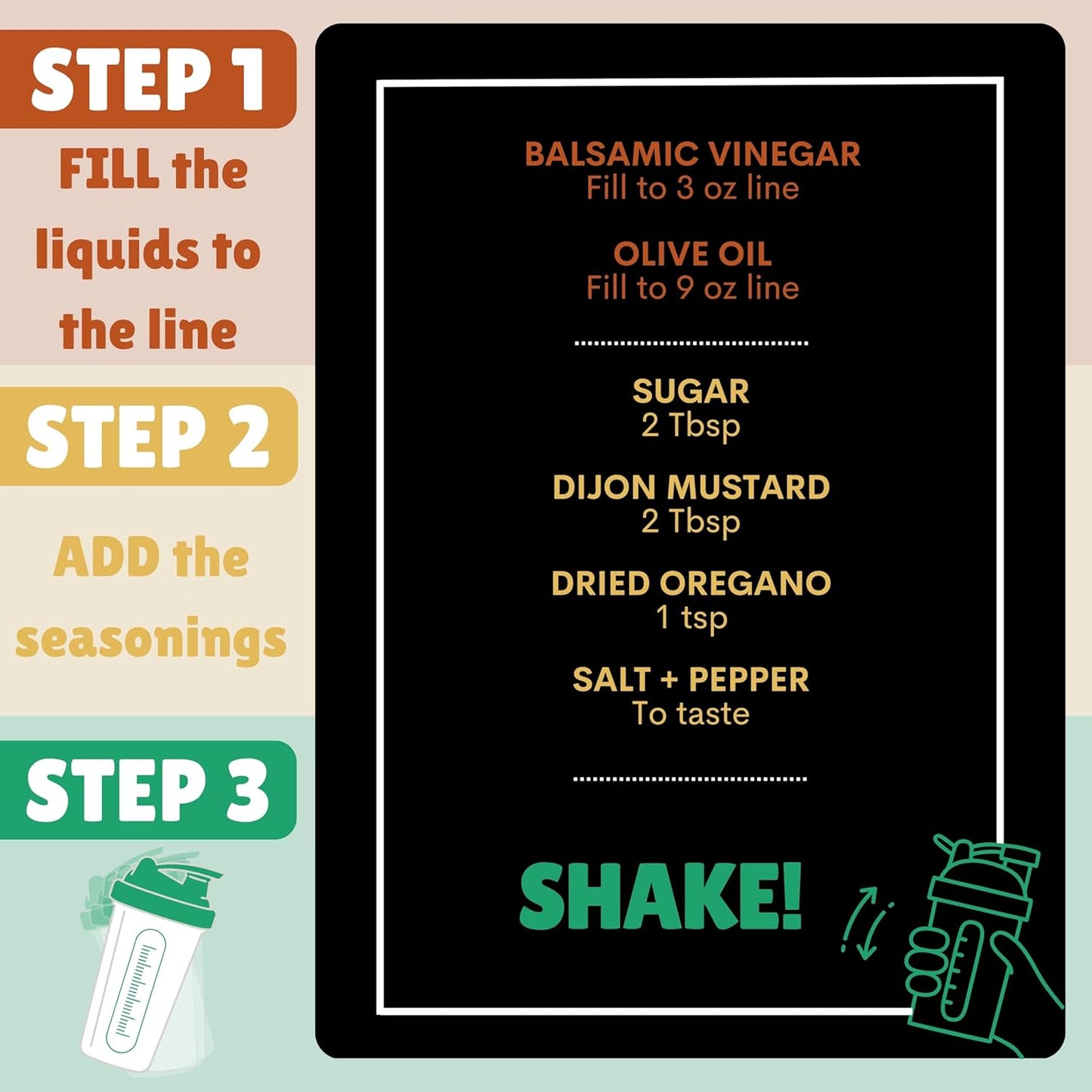 Salad Dressing Shaker Bottle with Recipe Cards | Just Measure to the Line and SHAKE! | Over 40 Chef-Inspired Recipes | Dressings, Sauces, Marinades, Dry Rubs | Nutrition Facts | BPA-Free Bottle