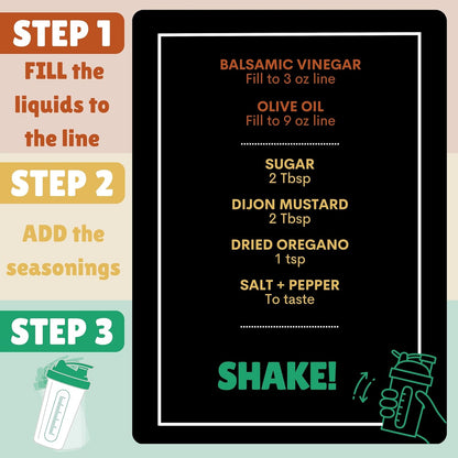 Salad Dressing Shaker Bottle with Recipe Cards | Just Measure to the Line and SHAKE! | Over 40 Chef-Inspired Recipes | Dressings, Sauces, Marinades, Dry Rubs | Nutrition Facts | BPA-Free Bottle