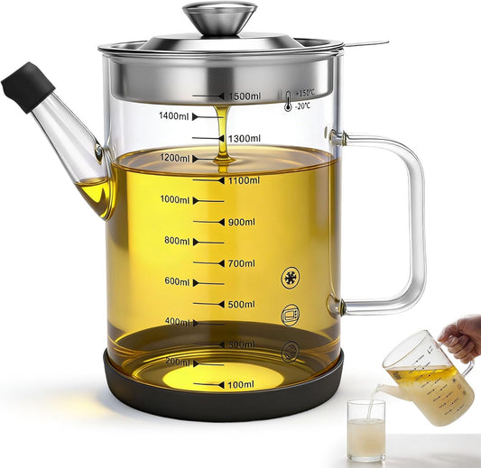 6.25 Cups / 1.5L Glass Fat Separator Bacon Oil Container with Strainer 50 oz Separator for Kitchen Cooking Grease Strainer Frying Oil Storage Can Transparent Silicone Bottom and Stopper