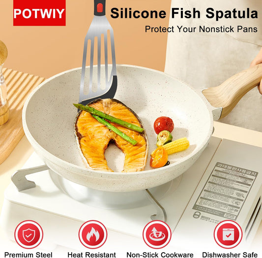 Silicone Fish Spatula Set of 2, Fish Spatulas for Nonstick Cookware with Heat Resistant Silicone Edge and Handle, Kitchen Flexible Slotted Turner for Cooking Egg, Pancake (Black)