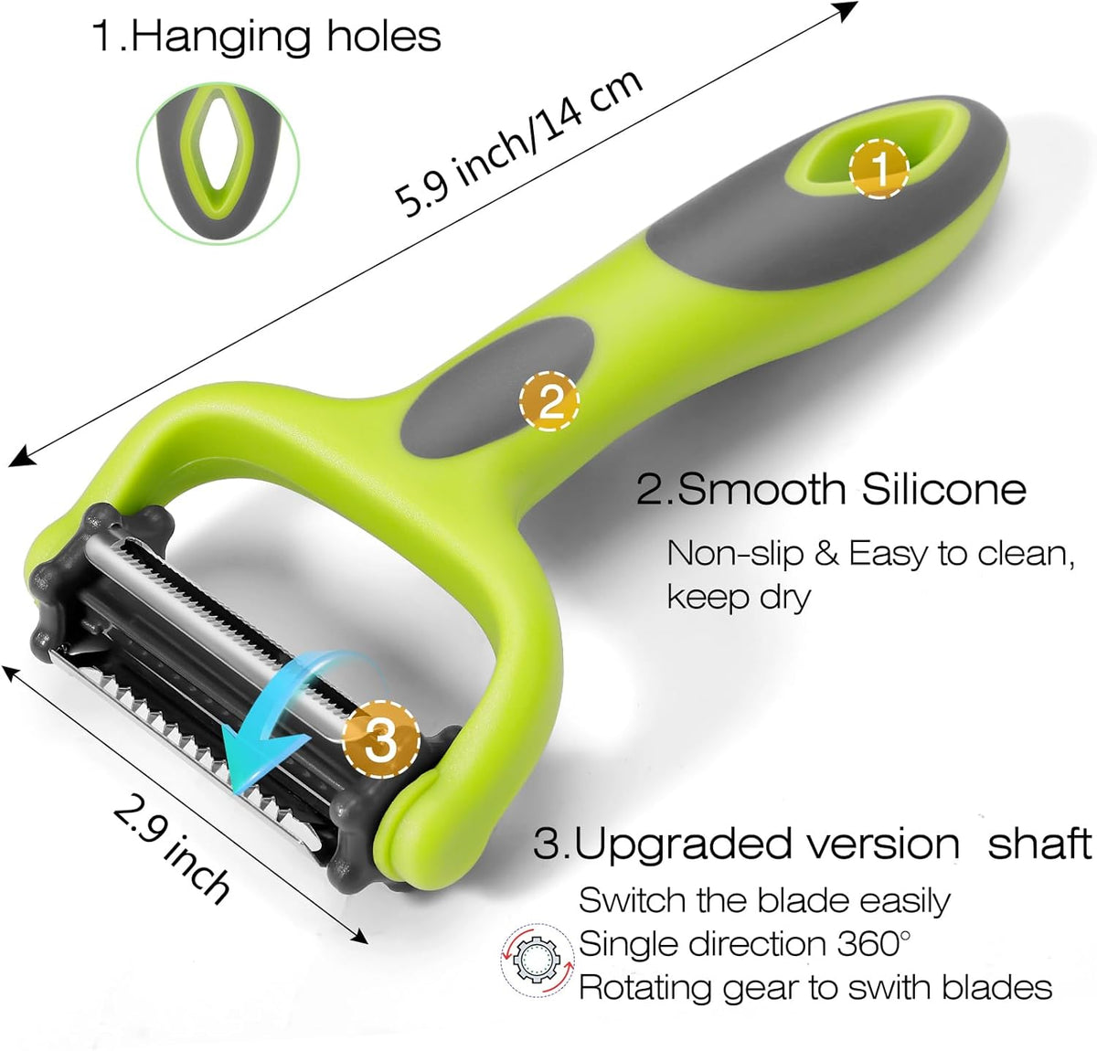 Julienne Peeler, Potato Vegetable Peeler for Kitchen, I and Y Potato Peelers for Apple Fruit Carrot Zucchini Cucumber Veggie, 3 in 1 Blade Spin Design, Anti-Slip Handle