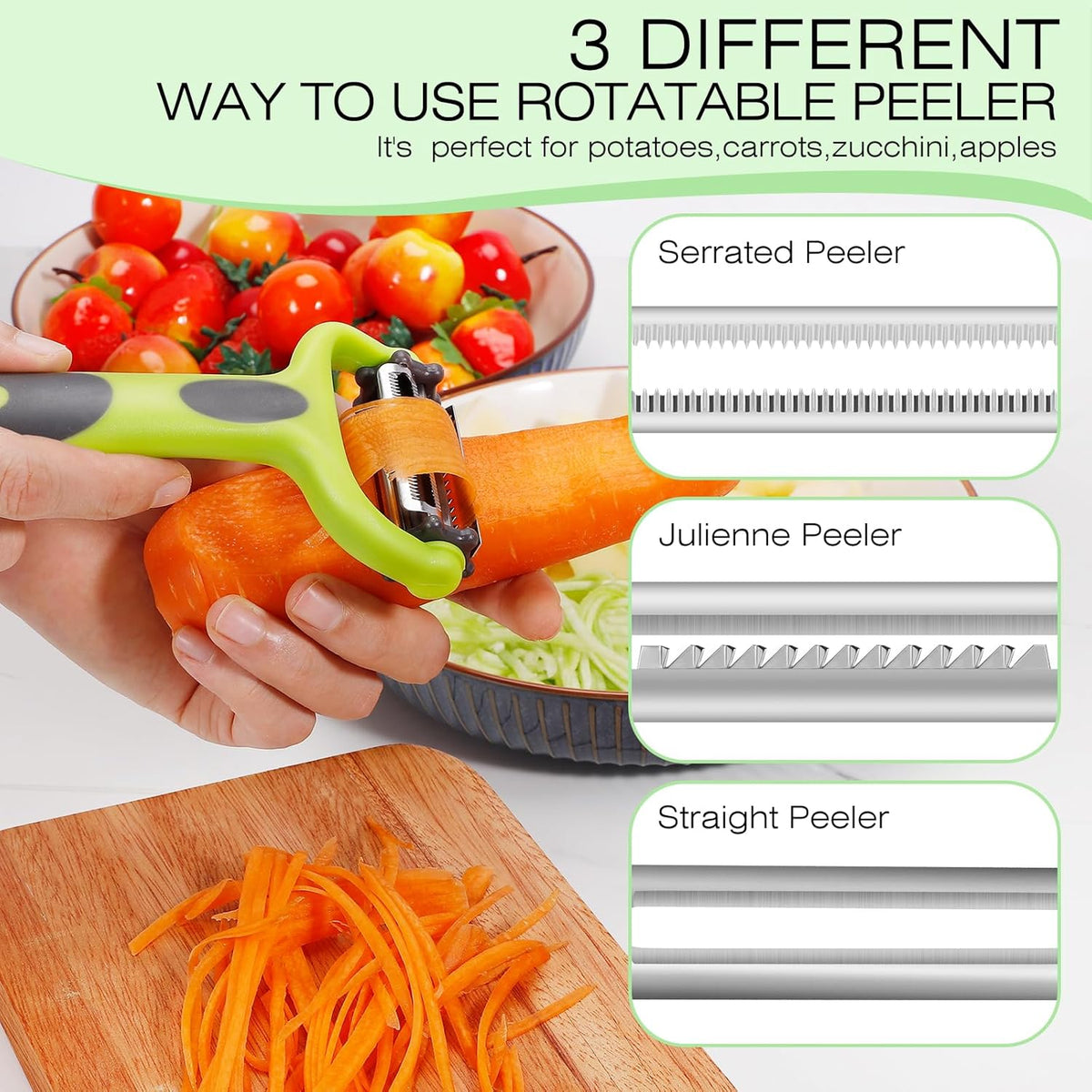 Julienne Peeler, Potato Vegetable Peeler for Kitchen, I and Y Potato Peelers for Apple Fruit Carrot Zucchini Cucumber Veggie, 3 in 1 Blade Spin Design, Anti-Slip Handle