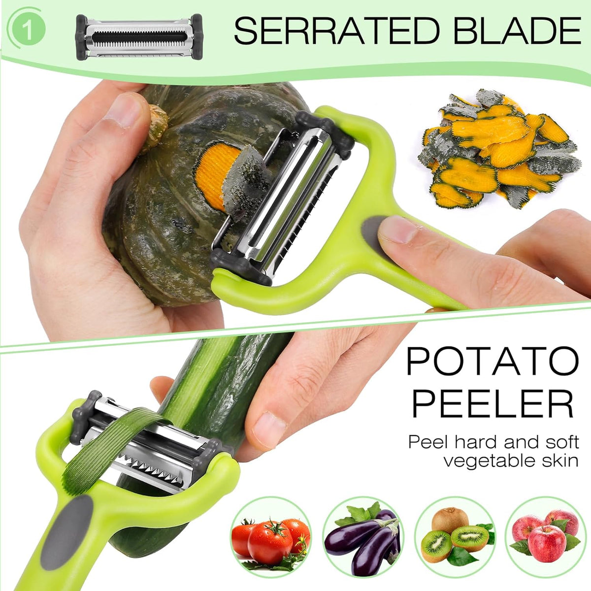 Julienne Peeler, Potato Vegetable Peeler for Kitchen, I and Y Potato Peelers for Apple Fruit Carrot Zucchini Cucumber Veggie, 3 in 1 Blade Spin Design, Anti-Slip Handle