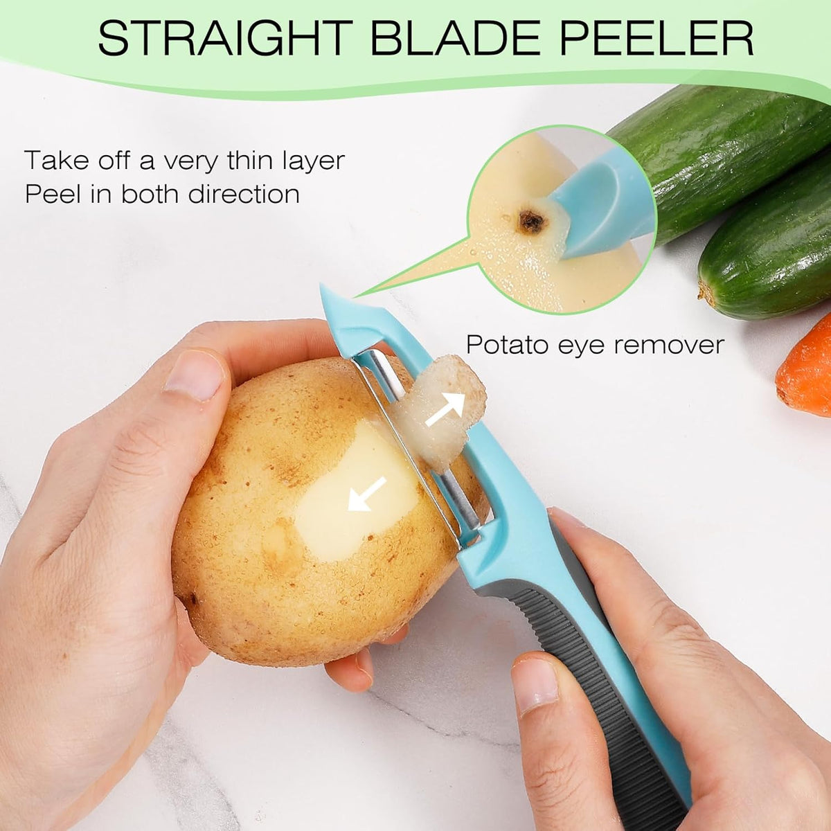 Julienne Peeler, Potato Vegetable Peeler for Kitchen, I and Y Potato Peelers for Apple Fruit Carrot Zucchini Cucumber Veggie, 3 in 1 Blade Spin Design, Anti-Slip Handle