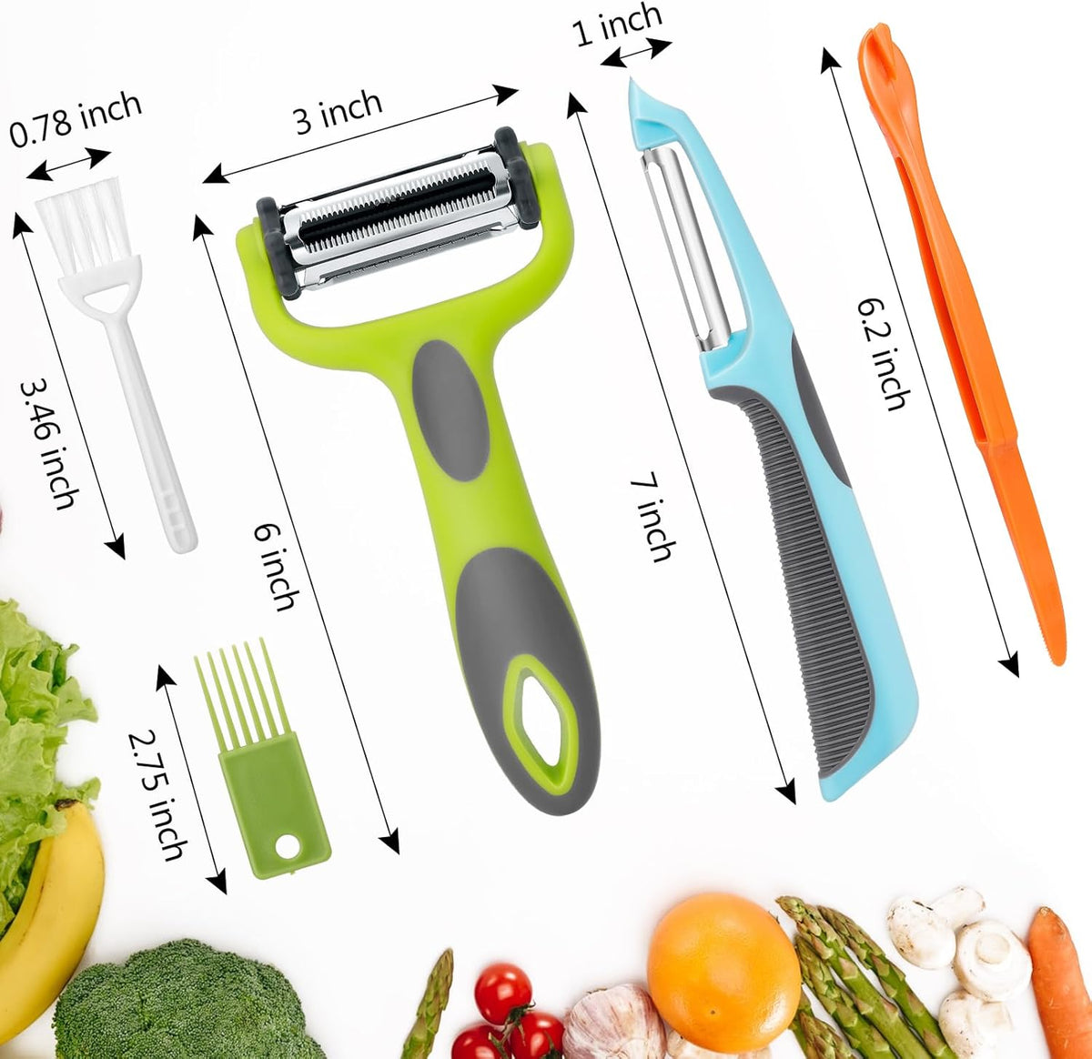 Julienne Peeler, Potato Vegetable Peeler for Kitchen, I and Y Potato Peelers for Apple Fruit Carrot Zucchini Cucumber Veggie, 3 in 1 Blade Spin Design, Anti-Slip Handle