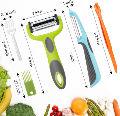 Julienne Peeler, Potato Vegetable Peeler for Kitchen, I and Y Potato Peelers for Apple Fruit Carrot Zucchini Cucumber Veggie, 3 in 1 Blade Spin Design, Anti-Slip Handle