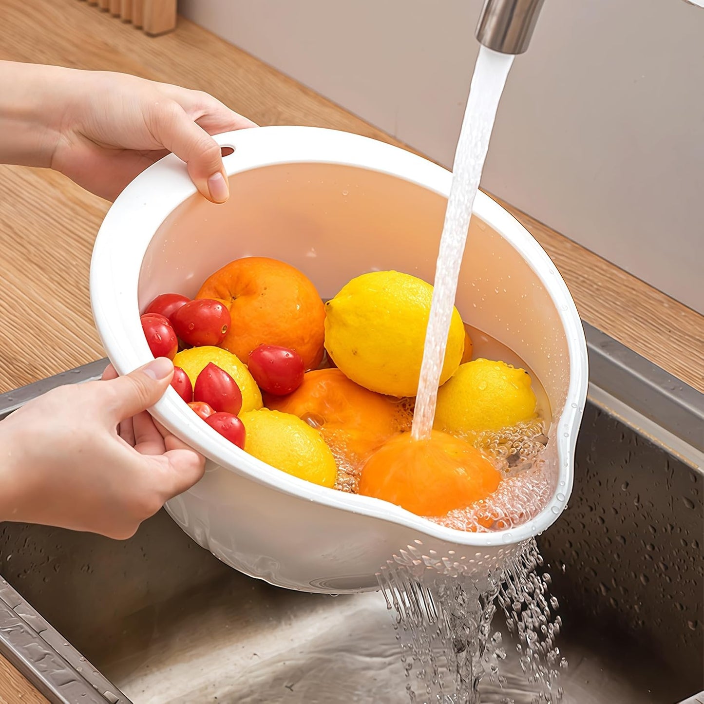 DOPMEP Rice Washer Strainer Bowl Stainless Steel Colander with Side Drainer | Ideal for Soaking, Washing, Cleaning, and Rinsing Rice, Fruits, Vegetables & Beans, Versatile Kitchen Tool