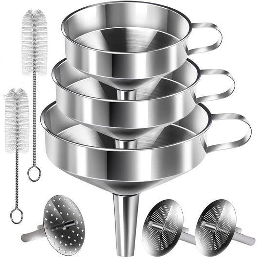 Stainless Steel Funnel, 3PCS Kitchen Funnels for Filling Bottles Set, Large Food Grade Metal Funnel with 3pcs Removable Strainer, 2pcs Brushes, Funnels for Kitchen Use, Bottle Funnel for Liquid