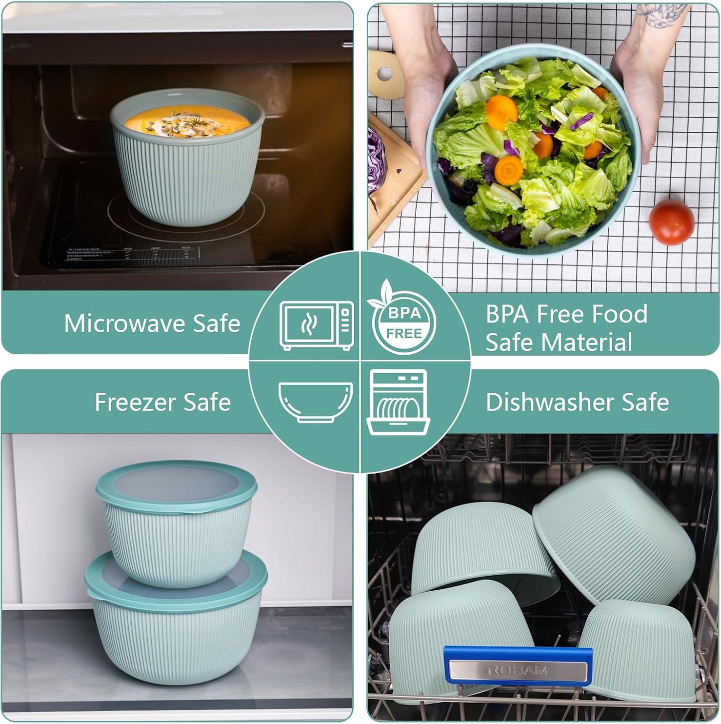 BoxedHome 4.97 Quarts Mixing Bowls with Lids - 8 Piece Plastic Nesting Bowl Set includes 4 Prep Bowls and 4 Lids, Microwave and Dishwasher Safe, Green
