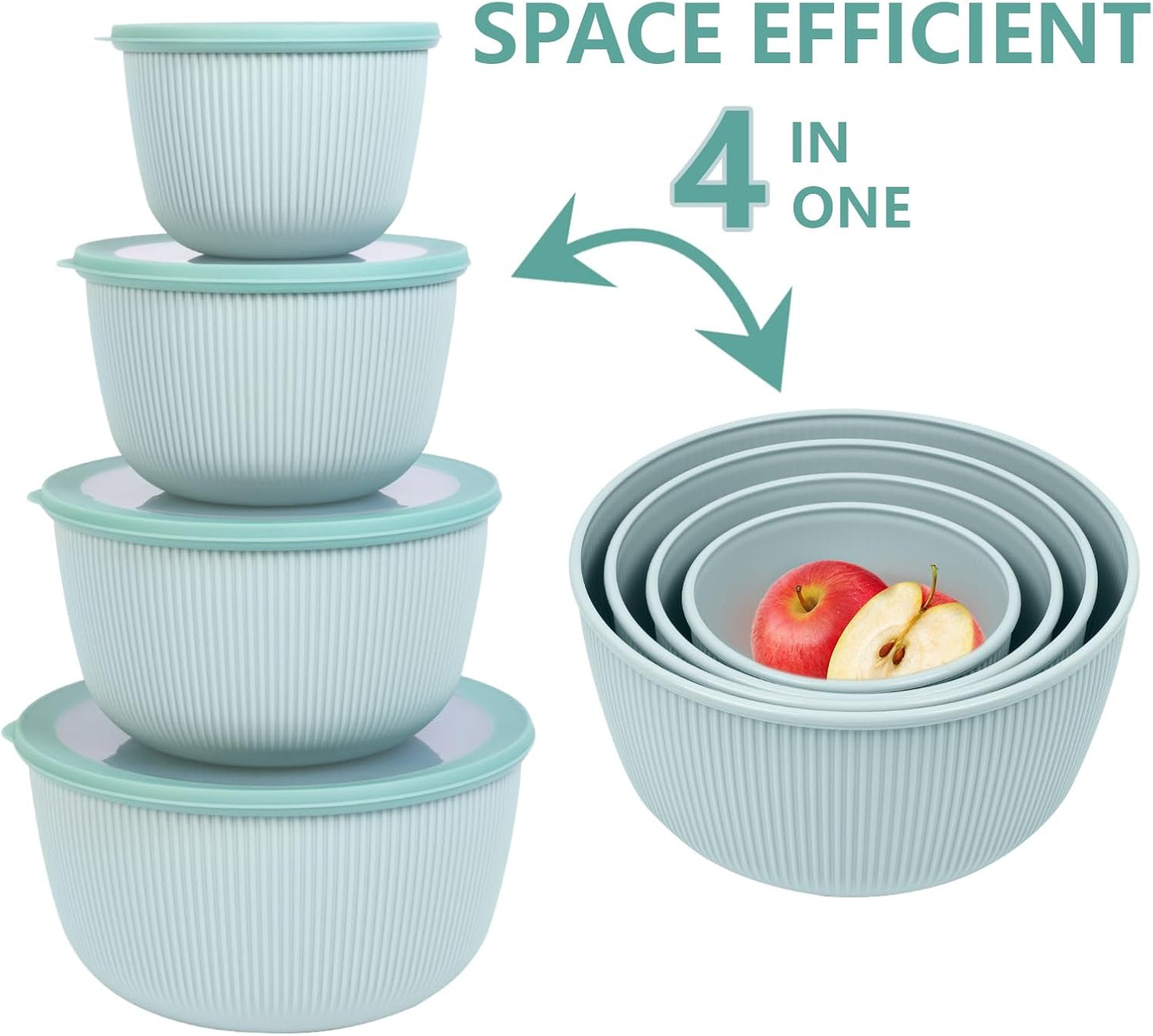 BoxedHome 4.97 Quarts Mixing Bowls with Lids - 8 Piece Plastic Nesting Bowl Set includes 4 Prep Bowls and 4 Lids, Microwave and Dishwasher Safe, Green
