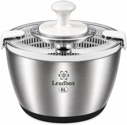 Stainless Steel Salad Spinner, 6L Heavy-Duty Lettuce Dryer with Smooth Spin Handle, Large Vegetable Washer & Fruit Rinse Bowl, Non-Slip Base