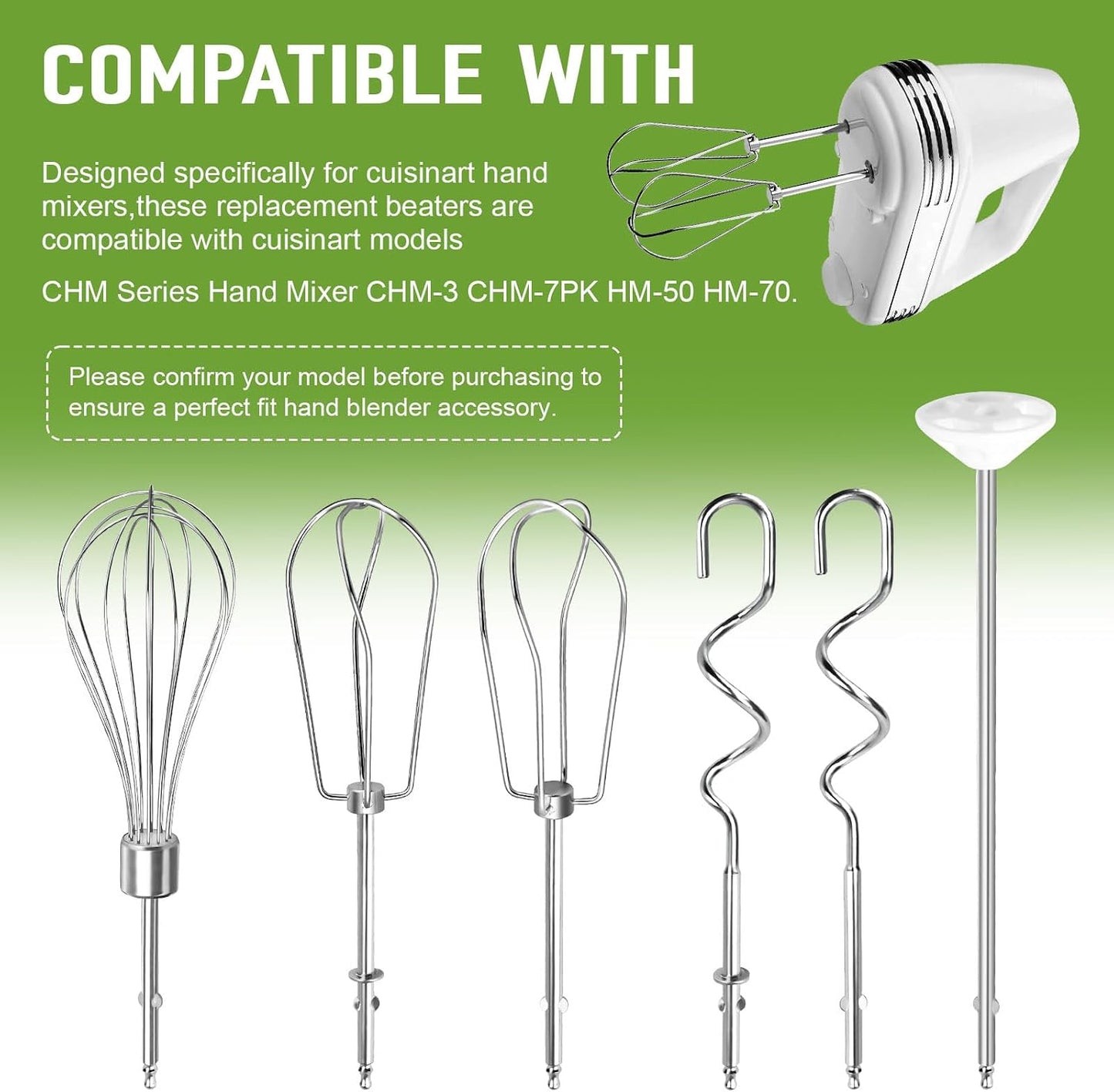 Hand Mixer Beaters Fits for Cuisinart Stainless Steel Style Beaters | Left,Right Turbo Mixer,Wire Egg Whisk,Liquid Blending Rod,Dough Hooks-CHM Series Hand Mixer CHM-3 CHM-7PK HM-50 HM-70