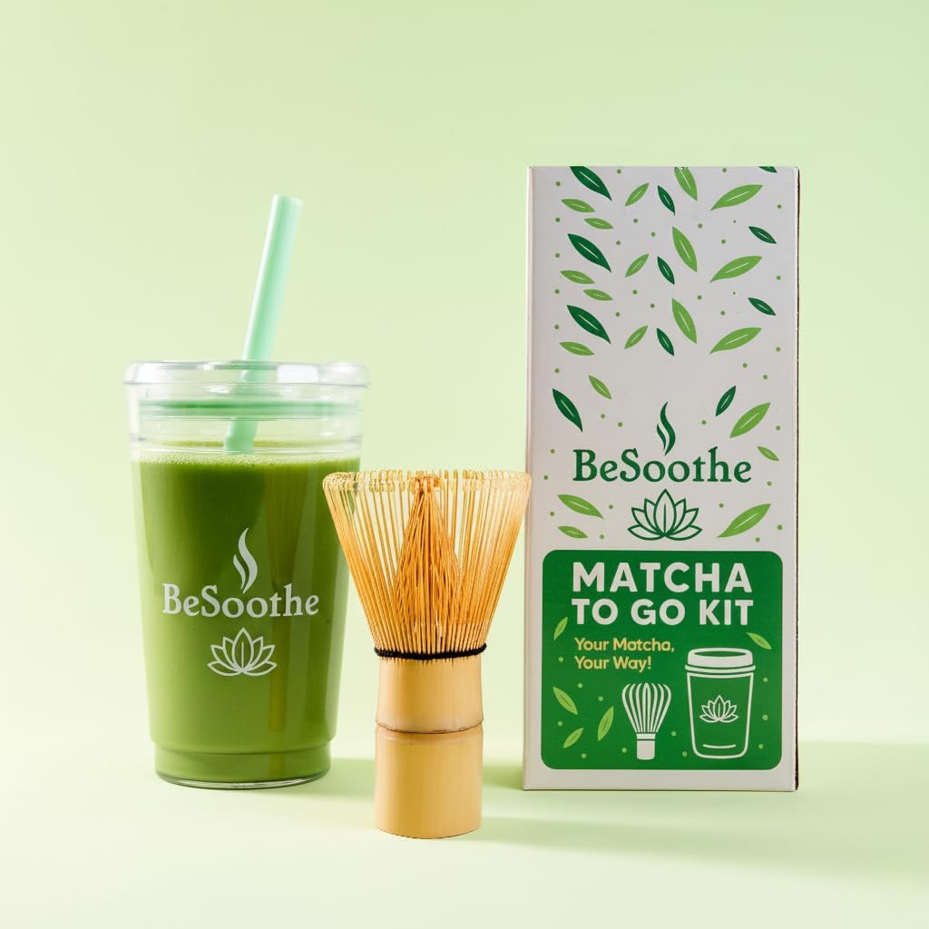 Matcha Whisk & Travel Cup Set – Bamboo Matcha Whisk, Tritan To-Go Cup & Reusable Straw – Matcha Gift Kit - Reusable Travel Cup with Lid and Straw for To Go Iced Matcha and Iced Coffee