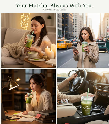 Matcha Whisk & Travel Cup Set – Bamboo Matcha Whisk, Tritan To-Go Cup & Reusable Straw – Matcha Gift Kit - Reusable Travel Cup with Lid and Straw for To Go Iced Matcha and Iced Coffee